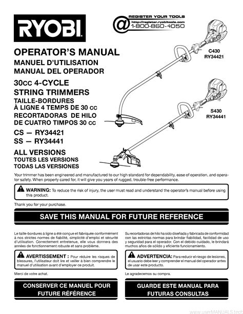 Ryobi 4 cycle s430 manual - Have a look at the manual Ryobi 4 Cycle Trimmer Owners Manual online for free. It’s possible to download the document as PDF or print. UserManuals.tech offer 9 Ryobi manuals and user’s guides for free. Share the user manual or guide on Facebook, Twitter or Google+. 875r 4-Cycle Gas Trimmer OPERATOR’S MANUAL FOR QUESTIONS, CALL 1-800-345-8746 in U.S. or 1-800-265-6778 in CANADA www